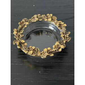 VTG C1950 Gresco Glass Dish Ormolu Ornate Gold Hibiscus Floral Trim Wine Barware